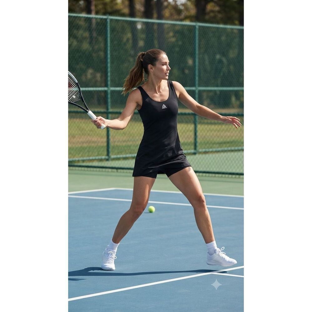 Reebok Black Athletic Tennis Dress with Built-in Shorts Pockets Size Large